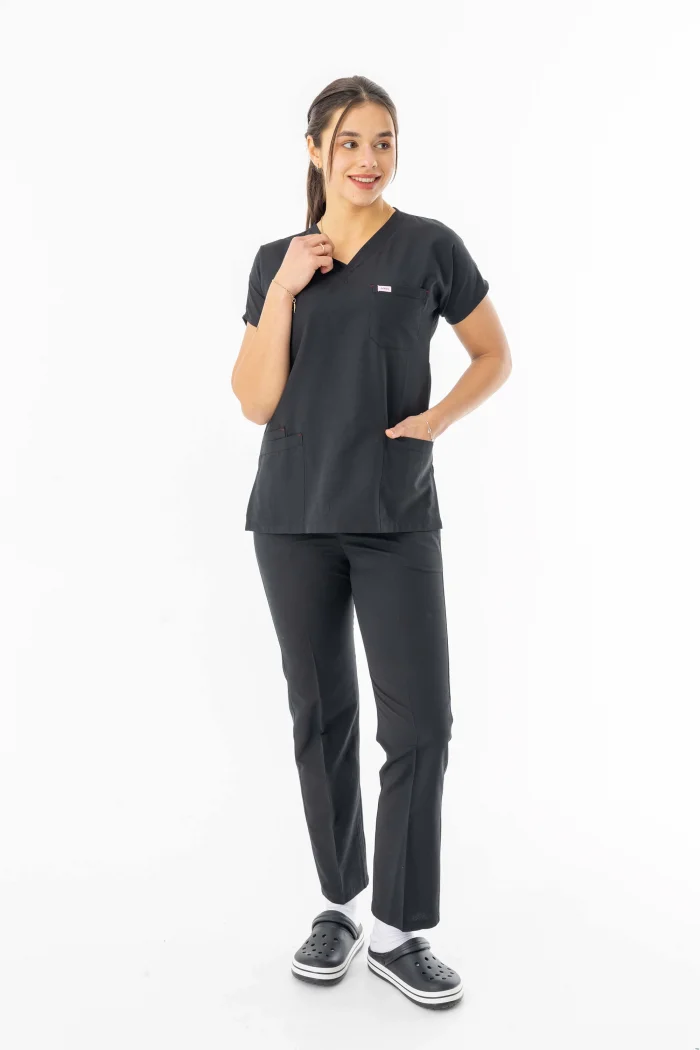 Terikoton Yarasa Kol Doktor Hemşire Forması Alt Üst Takım Siyah (TYRS0002)