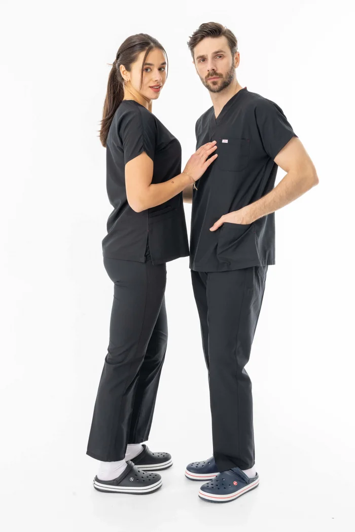 Terikoton Yarasa Kol Doktor Hemşire Forması Alt Üst Takım Siyah (TYRS0002)