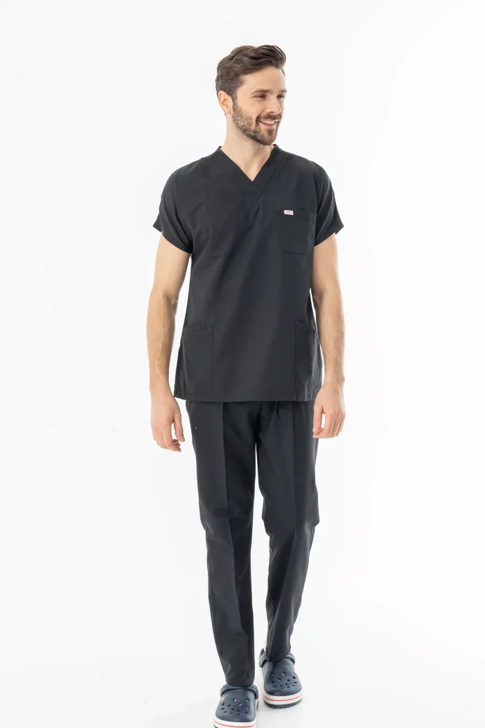 Terikoton Yarasa Kol Doktor Hemşire Forması Alt Üst Takım Siyah (TYRS0002)