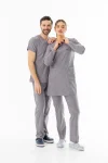 Likra Uzun Kol Doktor Hemşire Forması Alt Üst Takım Açık Gri (LTST20012)