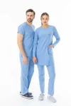 Likra Uzun Kol Doktor Hemşire Forması Alt Üst Takım Açık Mavi (LTST20019)