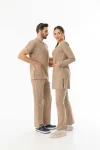 Likra Uzun Kol Doktor Hemşire Forması Alt Üst Takım Bej (LTST200016)