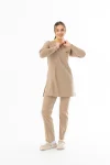 Likra Uzun Kol Doktor Hemşire Forması Alt Üst Takım Bej (LTST200016)