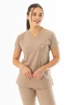 Likra Yarasa Kol Doktor Hemşire Forması Alt Üst Takım Bej (LYRS1007)