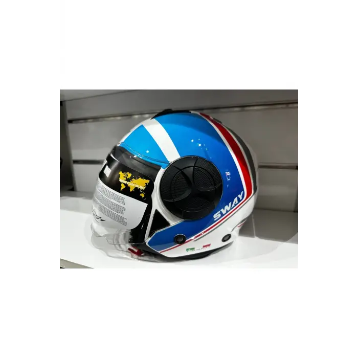 KASK SWAY SW-737 PARLAK BEYAZ/MAVİ/KIRMIZI ÇENESİZ GÜNEŞ GÖZLÜKLÜ