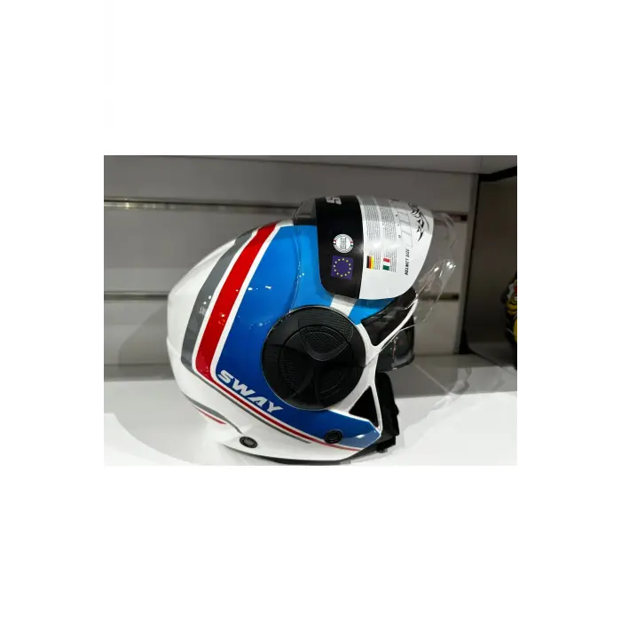 KASK SWAY SW-737 PARLAK BEYAZ/MAVİ/KIRMIZI ÇENESİZ GÜNEŞ GÖZLÜKLÜ