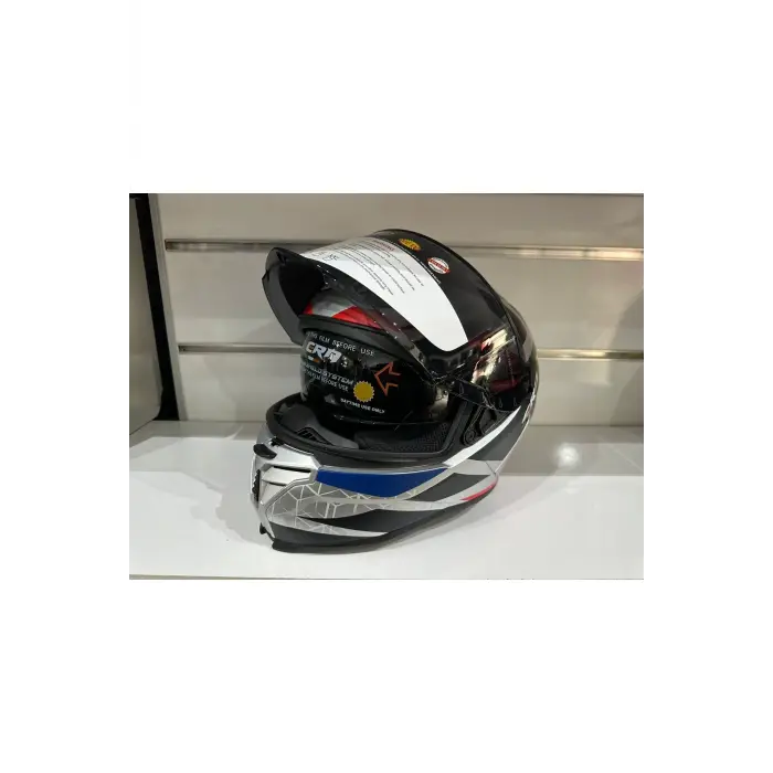 KASK CRN FS-867 MAT SİLVER/BLYE/RED GÜNEŞ VİZÖRLÜ