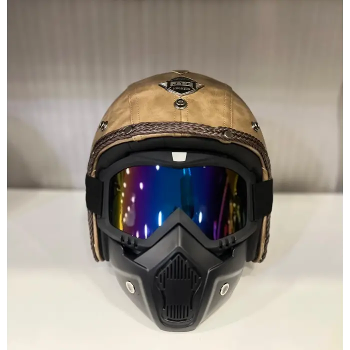 Kask TEX 701 JYT Kahverengi Deri + KASK MASKELİ