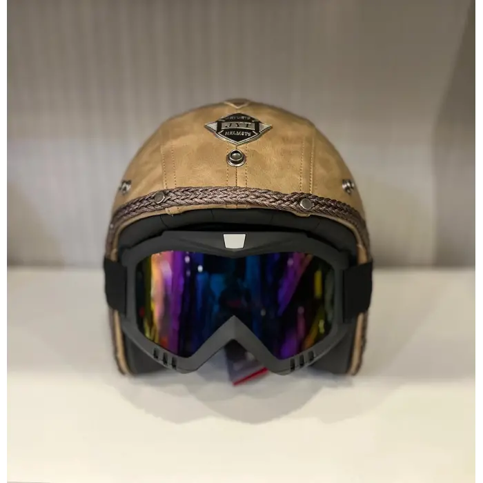 Kask TEX 701 JYT Kahverengi Deri + KASK MASKELİ