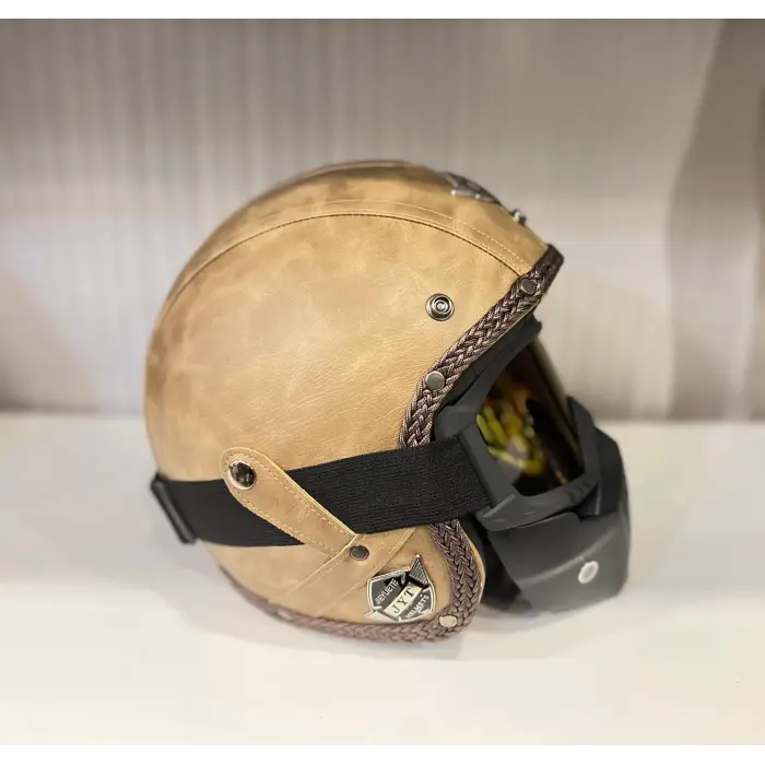 Kask TEX 701 JYT Kahverengi Deri + KASK MASKELİ