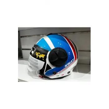 KASK SWAY SW-737 PARLAK BEYAZ/MAVİ/KIRMIZI ÇENESİZ GÜNEŞ GÖZLÜKLÜ