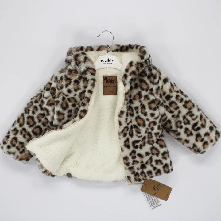 Welkin Leopar desen Peluş Astarlı Kapşonlu Welsoft Kız Kaban 1 - 3 Yaş