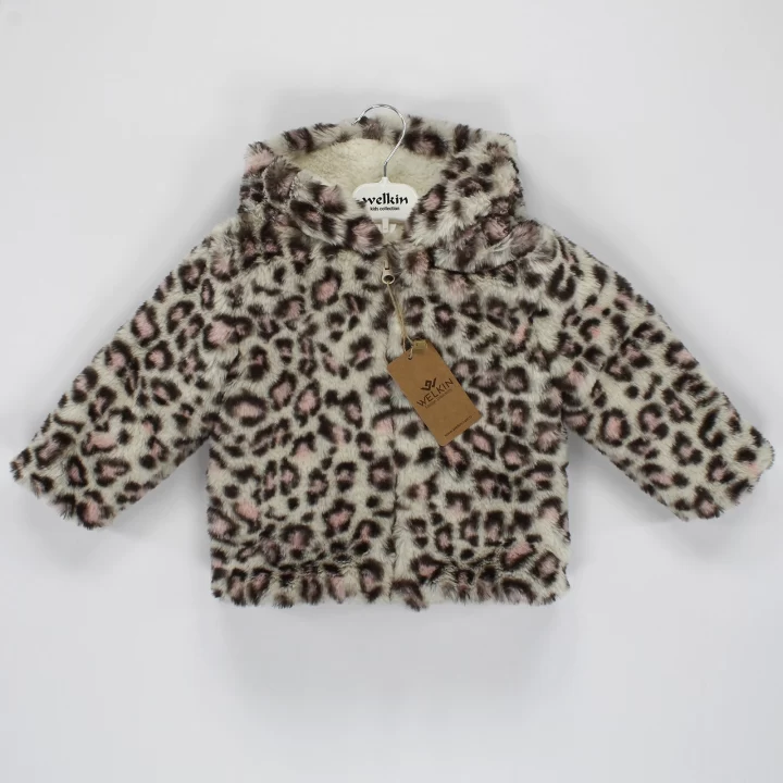 Welkin Leopar desen Peluş Astarlı Kapşonlu Welsoft Kız Kaban 1 - 3 Yaş