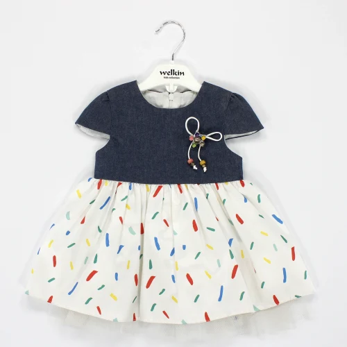 Welkin Baskılı Saten Etekli Kısa Kol Kot Kız Elbise 6 - 18 Ay