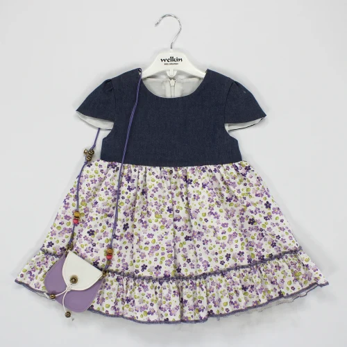Welkin Çiçek Desen Baskılı Saten Etekli Kısa Kol Çantalı Kot Kız Elbise 6 - 18 Ay