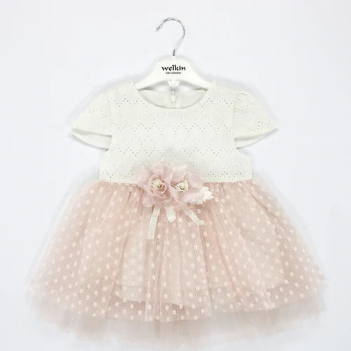 Welkin Gül Aksesuarlı Tül Etekli Kısa Kol Brode Kız Elbise 2 - 5 Yaş