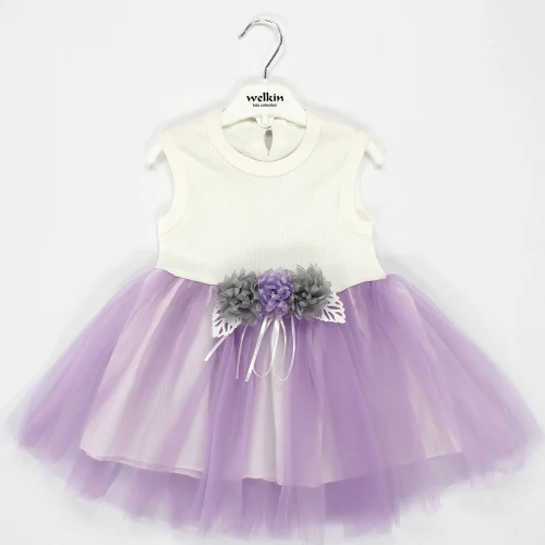 Welkin Gül Aksesuarlı Tül Etekli Kısa Kol Penye Kız Elbise 6 - 18 Ay