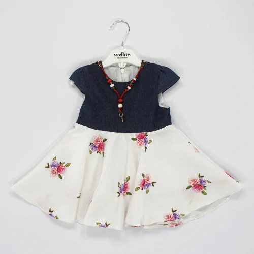 Welkin Gül Desen Baskılı Saten Etekli Kısa Kol Kot Kız Elbise 2 -5 Yaş