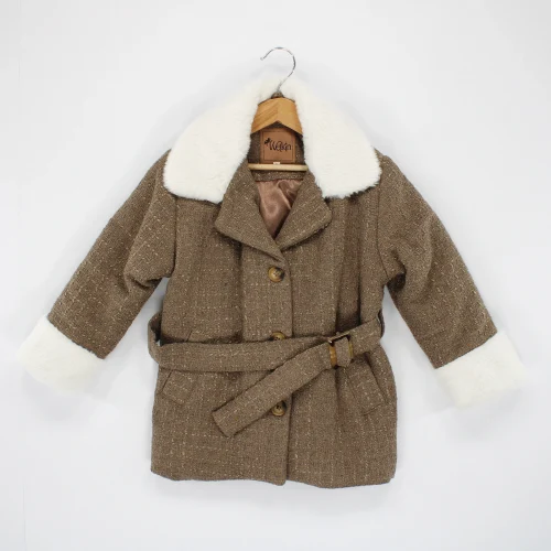 Welkin Kürk Yaka Flota Cepli Keten Desen Kız Kaban Elyaflı 6-9 Yaş