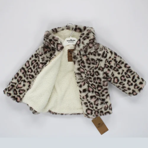 Welkin Leopar desen Peluş Astarlı Kapşonlu Welsoft Kız Kaban 1 - 3 Yaş