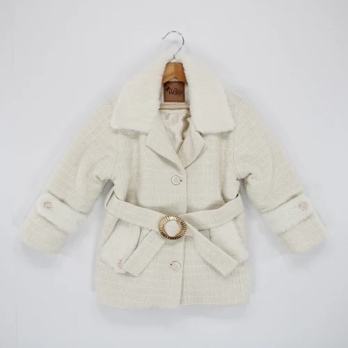 Welkin Pelüş Cepli Keten Desen Kız Kaban Elyaflı 6-9 Yaş