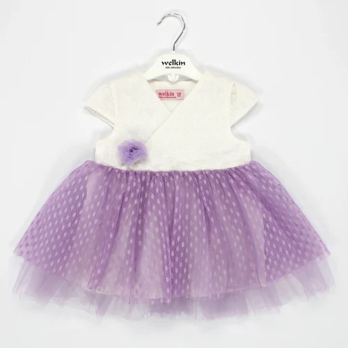 Welkin puntiye Desen Baskılı Tül Etekli Kısa Kol Brode Kız Elbise 6 - 18 Ay