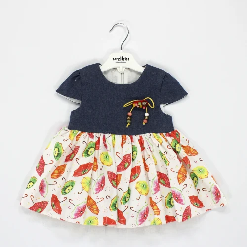 Welkin Şemsiye Desen Baskılı Saten Etekli Kısa Kon Kot Kız Elbise 6 - 18 Ay