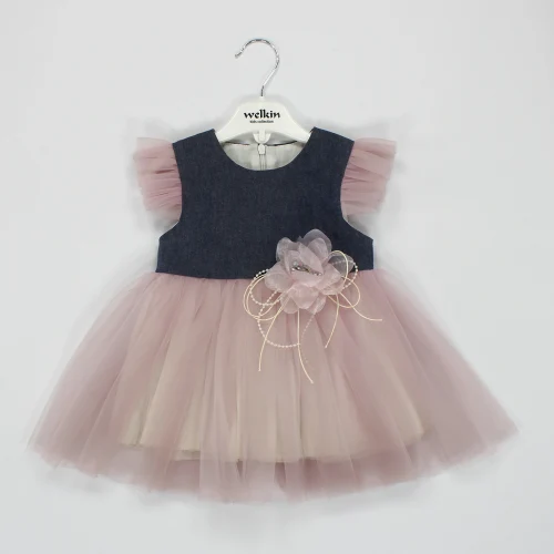 Welkin Tül Etekli Kısa Kol Kot Kız Elbise 6 -18 Ay