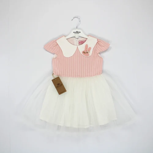 Welkin Zincir Desen Baskılı Kısa Kol Tül Etekli Pamuk Elbise 6 - 18 Ay