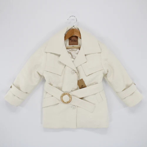 Welkin Jakar Çiçek Desenli Kabartma Kemerli Kız Kaban Astarlı 6-9 Yaş