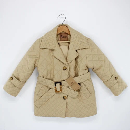 Welkin Kabartma Baklava Desenli Kapitone Kemerli Kız Kaban Astarlı 6-9 Yaş