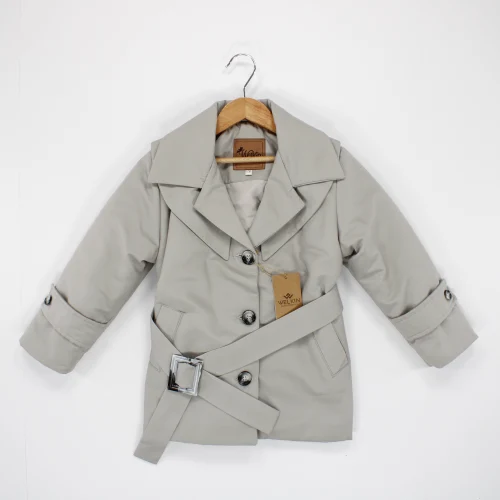 Welkin Trençkod Çift Yakalı ve Elyaf Astarlı Kız Kaban Kemerli 6-9 Yaş