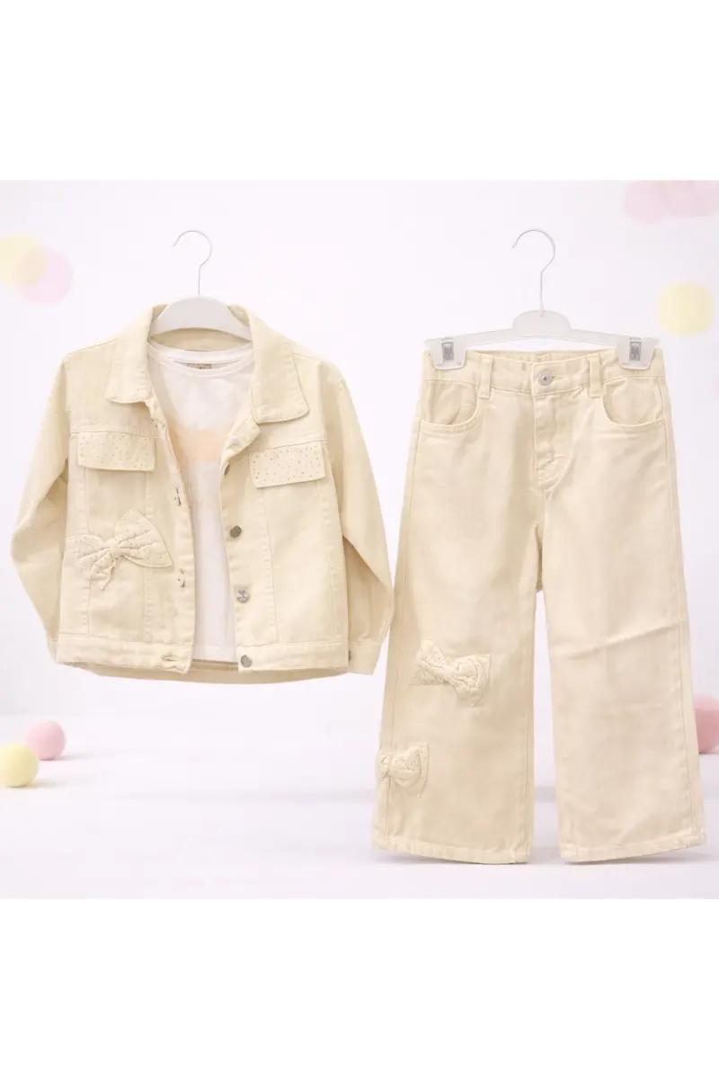 Fiyonk Kabartma Denim Üçlü Takım 5/12 Yaş