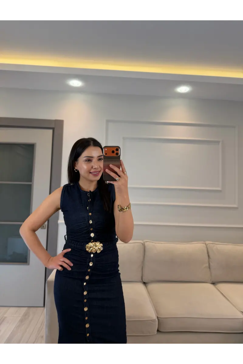 Kemer Detaylı Denim Elbise