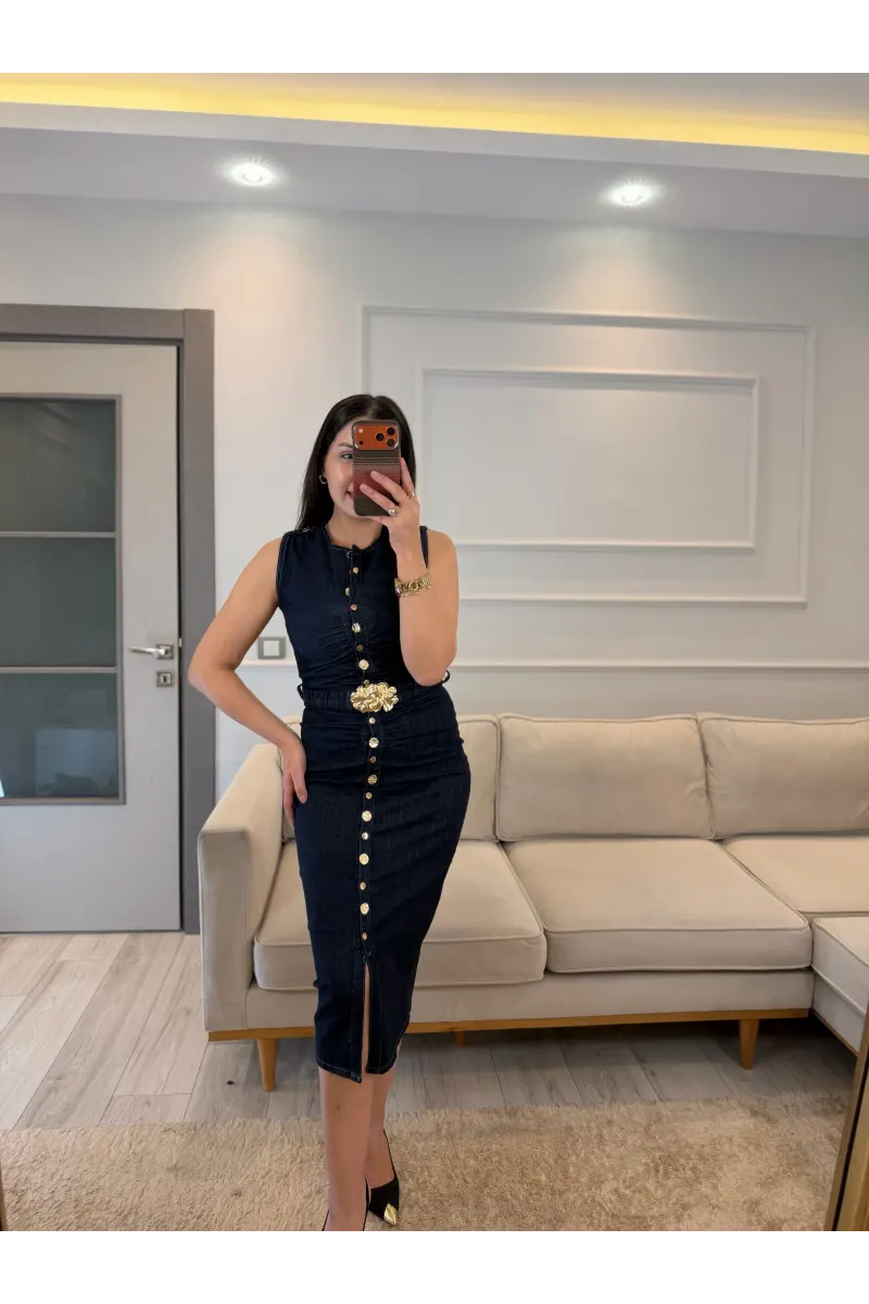 Kemer Detaylı Denim Elbise