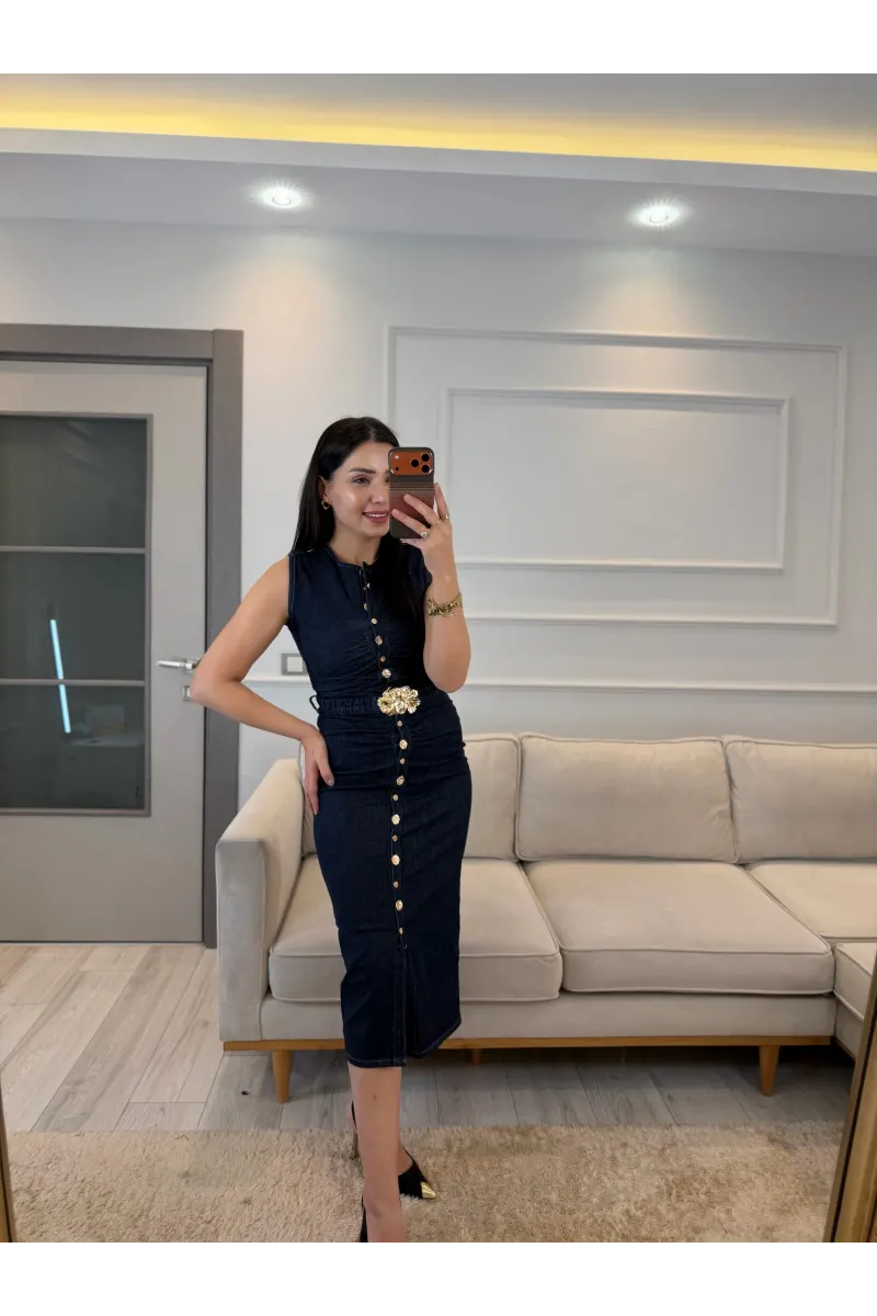 Kemer Detaylı Denim Elbise