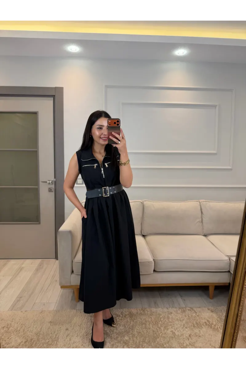 Fermuarlı Kemer Detaylı Elbise