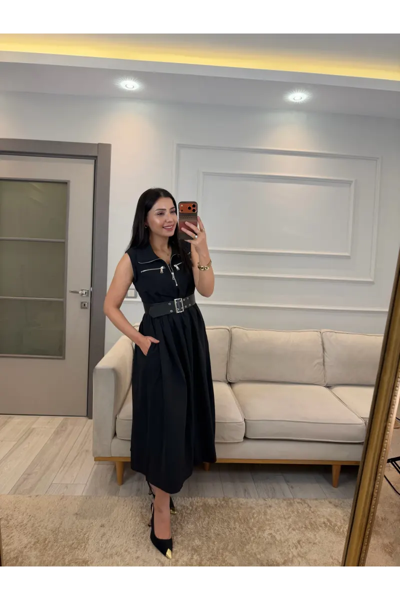 Fermuarlı Kemer Detaylı Elbise