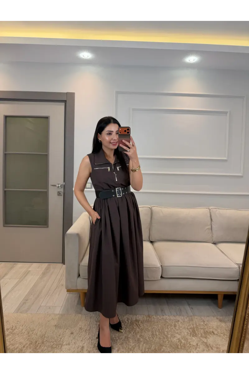 Fermuarlı Kemer Detaylı Elbise