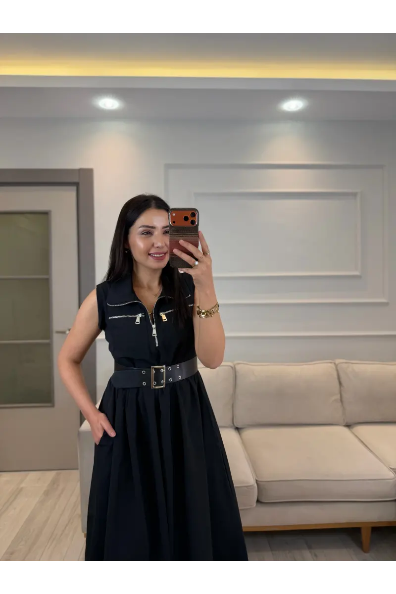 Fermuarlı Kemer Detaylı Elbise