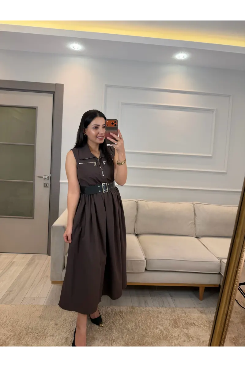 Fermuarlı Kemer Detaylı Elbise