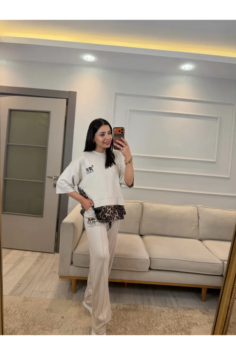 Leopar Fular Detaylı İkili Takım