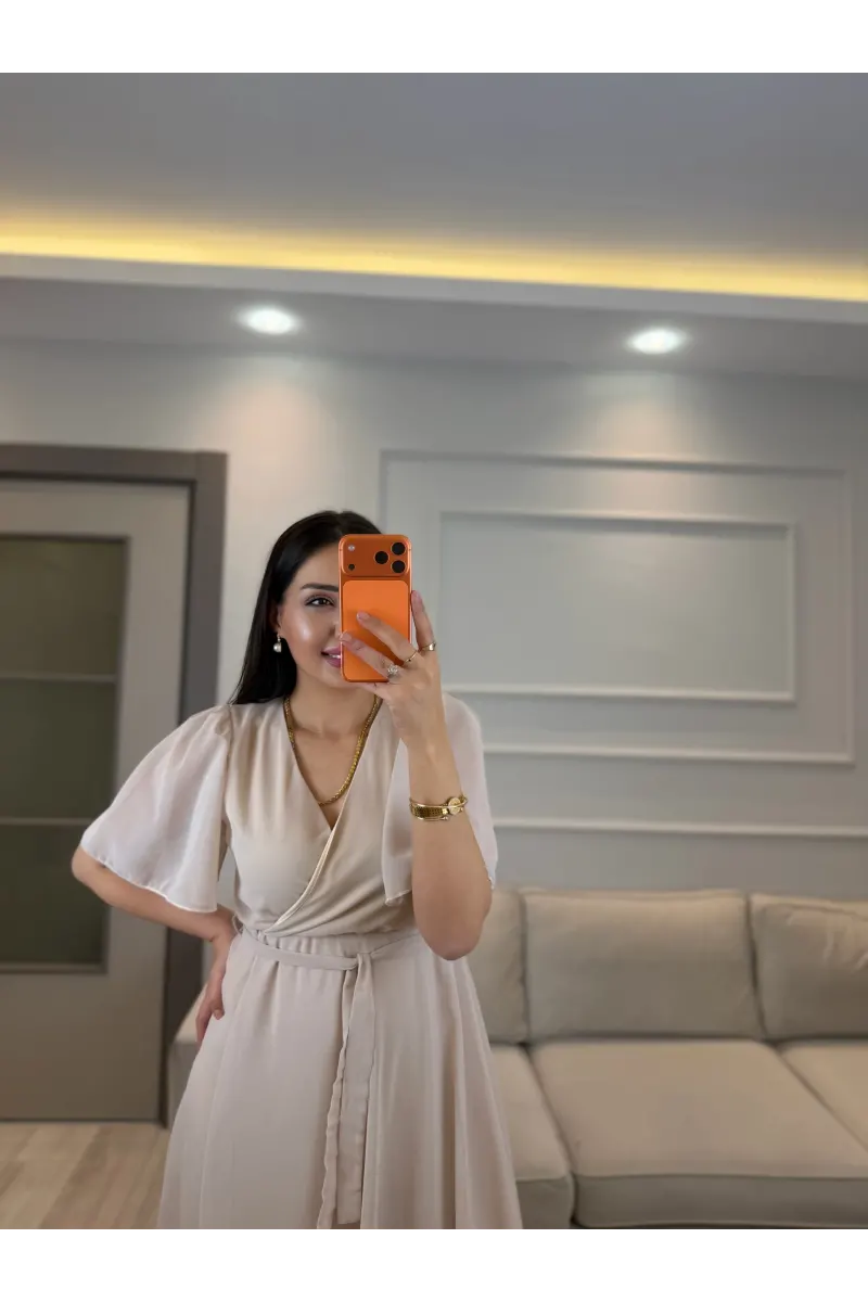 Kısa Kollu Kol Volanlı Şifon Elbise