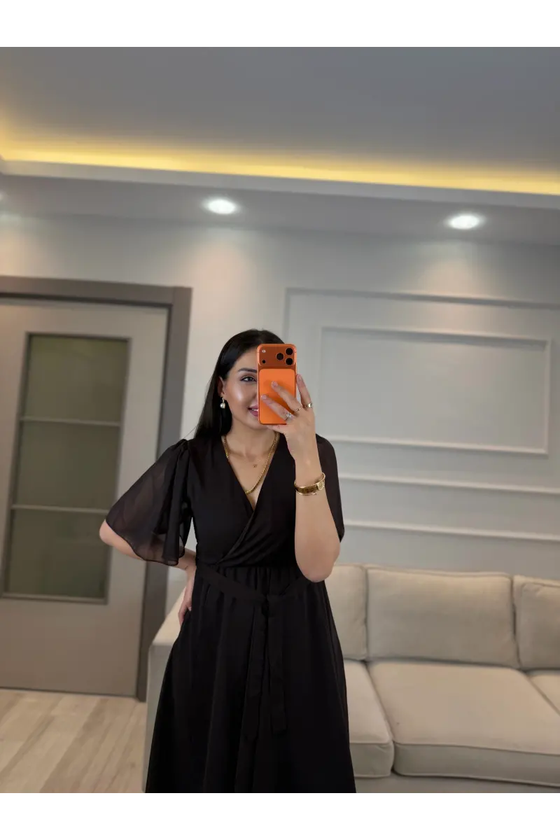 Kısa Kollu Kol Volanlı Şifon Elbise