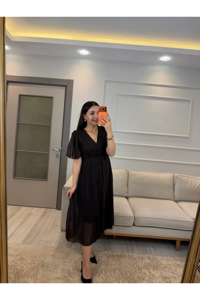 Kısa Kollu Kol Volanlı Şifon Elbise