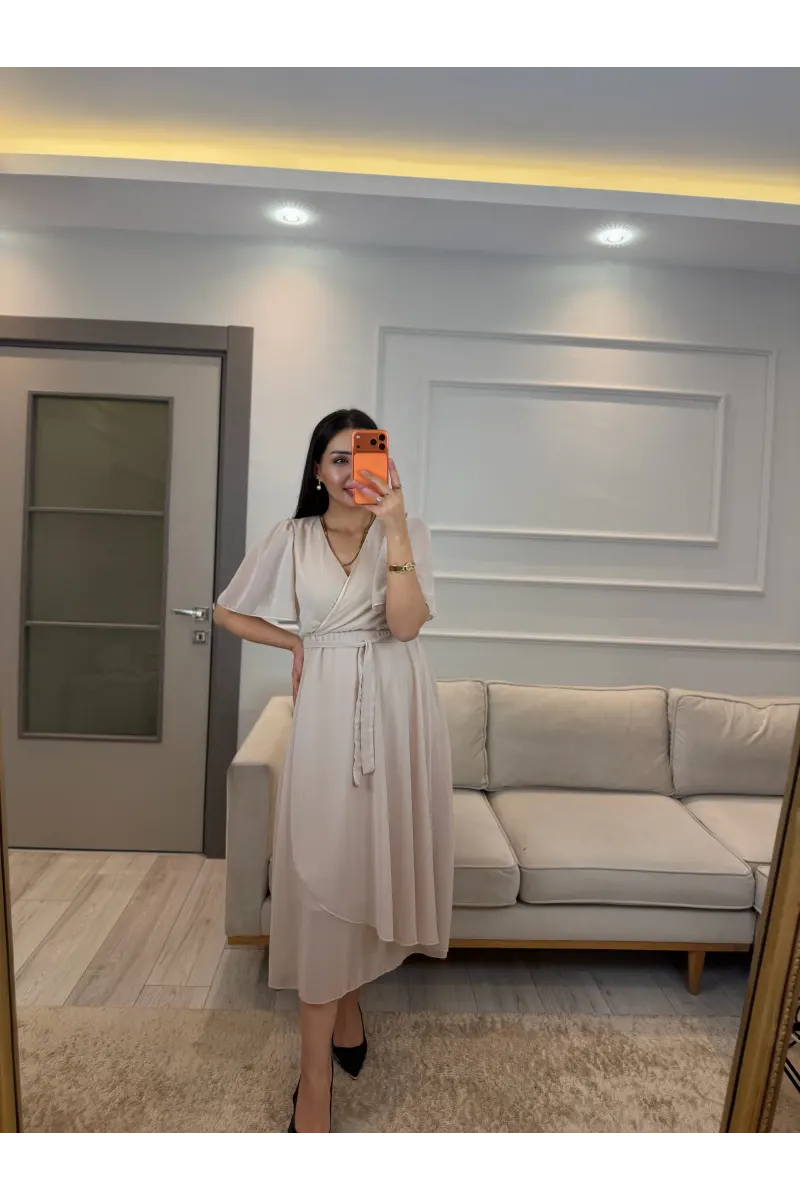 Kısa Kollu Kol Volanlı Şifon Elbise