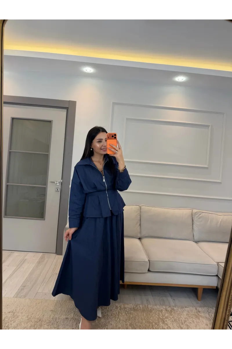 Pens Detaylı Ceket Etek Denim Takım