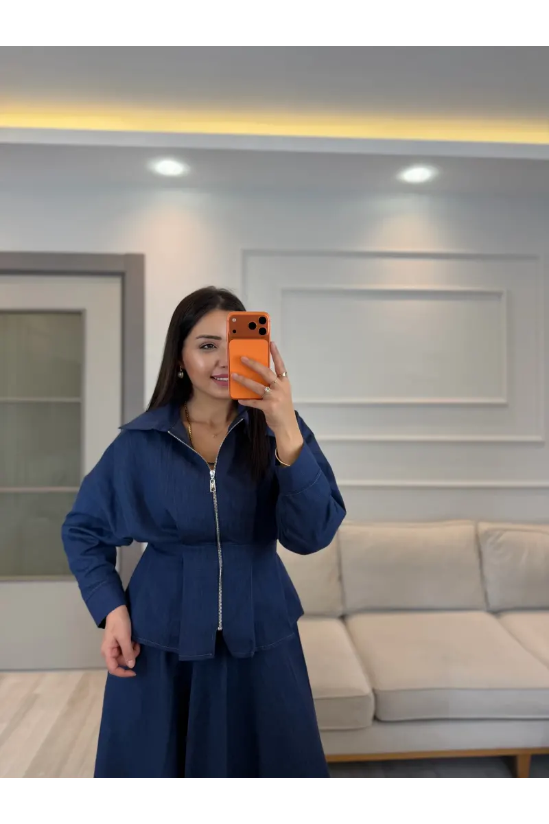 Pens Detaylı Ceket Etek Denim Takım