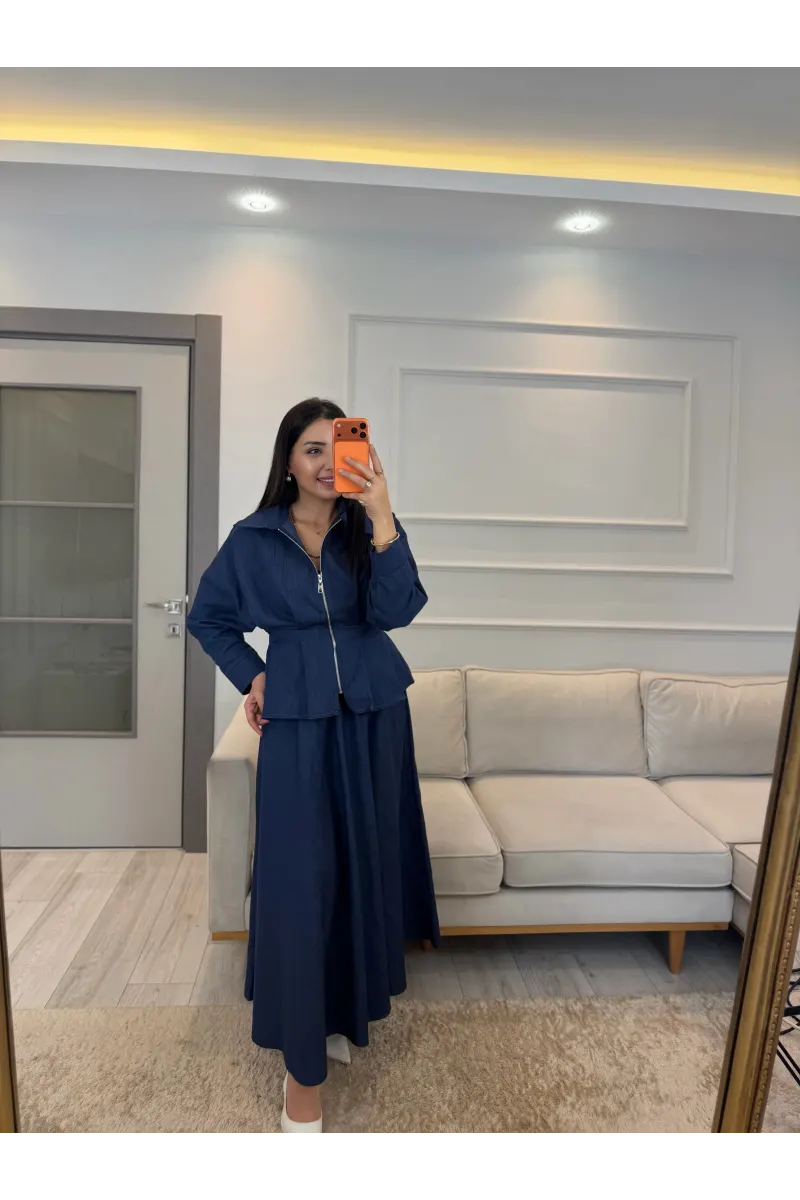 Pens Detaylı Ceket Etek Denim Takım