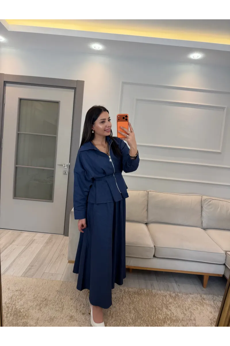 Pens Detaylı Ceket Etek Denim Takım